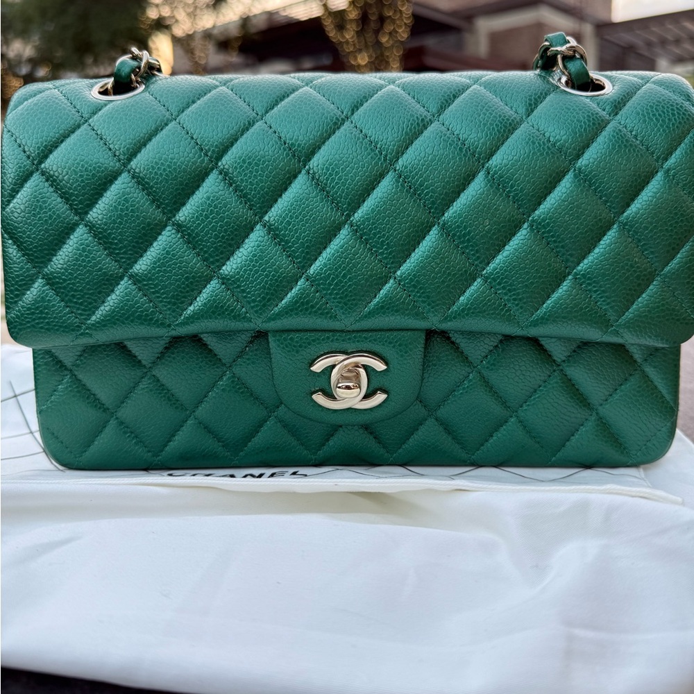 Chanel 18S Emerald Green Classic Caviar Medium Pearly Metallic Iridescent Bag